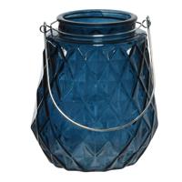 Decoris Theelichthouders/waxinelichthouders Ruitjes Glas Donkerblauw Met Metalen Handvat 11 X 13 Cm - Waxinelichtjeshouders