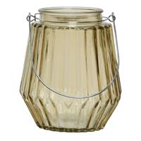 Decoris Theelichthouders/waxinelichthouders Streepjes Glas Taupe Met Metalen Handvat 11 X 13 Cm - Waxinelichtjeshouders
