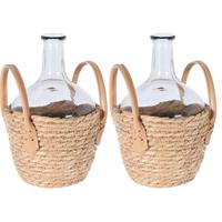 Set Van 2x Stuks Flesvaas Glas Transparant Met Gevlochten Rieten Mand 18 X 27 Cm - Vazen