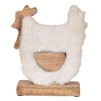 Clayre & Eef Decoratie Beeld Haan 18*5*21 Cm Wit, Bruin Hout, Textiel Decoratief Figuur Decoratieve Accessoires