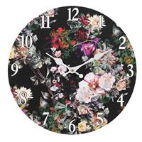Clayre & Eef Wandklok Ø 34*4 Cm / 1*aa Zwart, Groen Mdf Bloemen Muurklok Hangklok Zwart Muurklok Hangklok