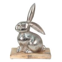 Clayre & Eef Decoratie Beeld Konijn 21*11*28 Cm Zilverkleurig Aluminium, Hout Decoratief Figuur Paashaas