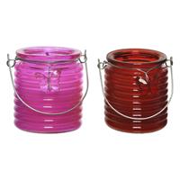 Decoris Set van 2x stuks citronella anti muggen kaarsen windlicht roze en rood 20 branduren