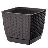 Prosperplast Plantenpot/bloempot rotan kunststof 14.5 x 14.5 cm en hoogte 12.5 cm donkerbruin voor binnen/buiten