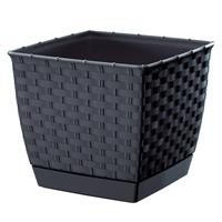 Prosperplast Plantenpot/bloempot rotan kunststof 14.5 x 14.5 cm en hoogte 12.5 cm antraciet grijs voor binnen/buiten