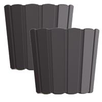 Prosperplast Set van 2x stuks wood-look plantenpot/bloempot kunststof dia 12 cm/hoogte 11 cm Antraciet