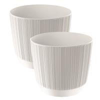 Prosperplast 2x stuks moderne carf-stripe plantenpot/bloempot kunststof dia 13 cm/hoogte 11 cm parel Wit