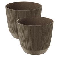 Prosperplast 2x stuks moderne carf-stripe plantenpot/bloempot kunststof dia 13 cm/hoogte 11 cm eco/aarde Bruin