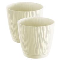 Prosperplast 2x stuks stijlvolle kunststof plantenpot/bloempot dia 13 cm/hoogte 12 cm Waves creme wit voor binnen/buiten