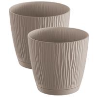 Prosperplast 2x stuks stijlvolle kunststof plantenpot/bloempot dia 13 cm/hoogte 12 cm Waves Taupe