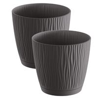 Prosperplast 2x stuks stijlvolle kunststof plantenpot/bloempot dia 15 cm/hoogte 14 cm Waves Antraciet