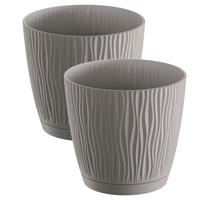 Prosperplast 2x stuks stijlvolle kunststof plantenpot/bloempot dia 15 cm/hoogte 14 cm Waves steenGrijs