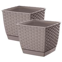 Prosperplast Set van 2x stuks plantenpotten/bloempotten rotan kunststof 14.5 x 14.5 cm en hoogte 12.5 cm Taupe