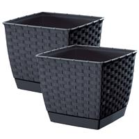 Prosperplast Set van 2x stuks plantenpotten/bloempotten rotan kunststof 14.5 cm en hoogte 12.5 cm Antraciet