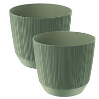 Prosperplast 2x stuks moderne carf-stripe plantenpot/bloempot kunststof dia 17 cm/hoogte 15 cm Groen