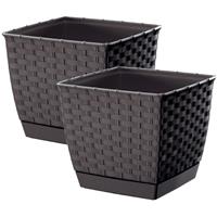 Prosperplast Set van 2x stuks plantenpotten/bloempotten rotan kunststof 14.5 x 14.5 cm en hoogte 12.5 cm donkerBruin