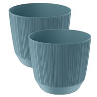 Prosperplast 2x stuks moderne carf-stripe plantenpot/bloempot kunststof dia 19.5 cm/hoogte 17 cm stone Blauw