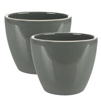 Steege Set van 2x stuks plantenpot/Bloempot in een strakke Scandinavische look antraciet Dia 13 cm en Hoogte 11 cm glanzend