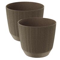Prosperplast 2x stuks moderne carf-stripe plantenpot/bloempot kunststof dia 19.5 cm/hoogte 17 cm eco/aarde Bruin
