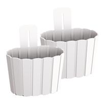 Prosperplast Set van 2x stuks wood-look muur/wand/schutting plantenpot/bloempot kunststof dia 20 cm/hoogte 15 cm parel Wit