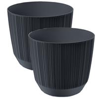 Prosperplast 2x stuks moderne carf-stripe plantenpot/bloempot kunststof dia 19.5 cm/hoogte 17 cm Antraciet