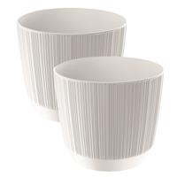 Prosperplast 2x stuks moderne carf-stripe plantenpot/bloempot kunststof dia 19.5 cm/hoogte 17 cm parel Wit