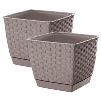Prosperplast Set van 2x stuks plantenpotten/bloempotten rotan kunststof 22 x 22 cm en hoogte 19 cm Taupe