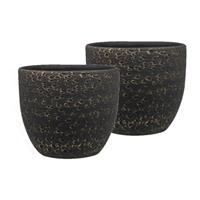 Steege Set van 2x stuks plantenpot/Bloempot in het lava-look zwart Dia 15 cm en Hoogte 13 cm - Voor binnen