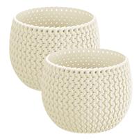 Prosperplast Set van 2x stuks plantenpotten/bloempotten kunststof dia 14.5 cm en hoogte 11 cm in het creme wit voor binnen/buiten