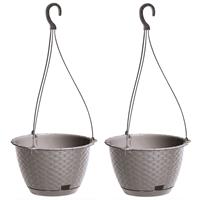 Prosperplast 2x stuks hangende plantenpot/bloempot kunststof dia 24 cm/hoogte 16 cm Taupe