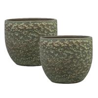 Steege Set van 2x stuks plantenpotten/bloempotten in het lava-look shiny groen Dia 15 cm en Hoogte 13 cm - Voor binnen