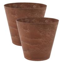 Steege 2x stuks plantenpot/bloempot tijdloze natuursteen look Dia 22 cm en Hoogte 20 cm in het Artstone dark terra cotta voor binnen/buiten