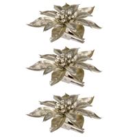 Cosy @ Home 3x stuks decoratie bloemen kerststerren champagne glitter op clip 9 cm - Decoratiebloemen/kerstboomversiering