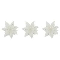 Cosy @ Home 3x stuks decoratie bloemen kerststerren wit glitter op clip 15 cm - Decoratiebloemen/kerstboomversiering/kerstversiering