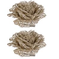 Cosy @ Home 3x stuks decoratie bloemen roos champagne glitter op clip 10 cm - Decoratiebloemen/kerstboomversiering
