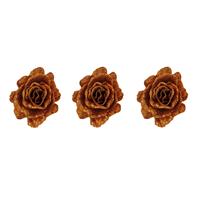 Cosy @ Home 3x stuks decoratie bloemen roos koper glitter op clip 10 cm - Decoratiebloemen/kerstboomversiering/kerstversiering