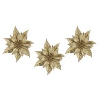 Cosy @ Home 3x stuks decoratie bloemen kerststerren goud glitter op clip 18 cm - Decoratiebloemen/kerstboomversiering
