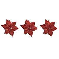 Bellatio 3x stuks decoratie bloemen kerststerren rood glitter op clip 23 cm - Decoratiebloemen/kerstboomversiering/kerstversiering