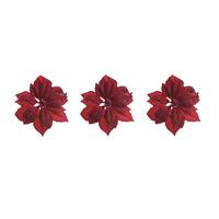Bellatio 3x stuks decoratie bloemen kerstster rood glitter op clip 24 cm - Decoratiebloemen/kerstboomversiering/kerstversiering