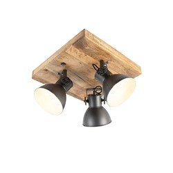 Qazqa - Industriestrahler schwarz mit Mangoholz 3 Lichter - Mangos - Anthrazit