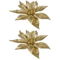 Cosy @ Home 2x stuks decoratie bloemen kerstster goud glitter op clip 18 cm -