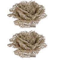 Cosy @ Home 6x stuks decoratie bloemen roos champagne glitter op clip 10 cm -