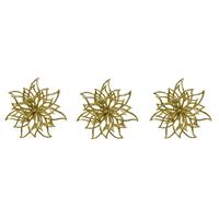 Bellatio 4x stuks decoratie bloemen kerstster goud glitter op clip 14 cm -