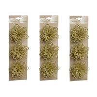 Bellatio 9x stuks decoratie bloemen goud glitter op clip 11 cm -