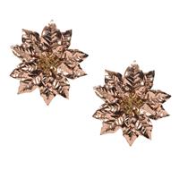 Bellatio 2x stuks decoratie bloemen kerstster koper glitter op clip 24 cm -