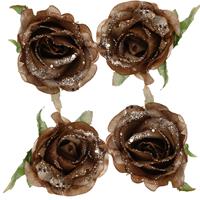 Cosy @ Home 4x stuks decoratie bloemen roos goud bruin glitter op clip 10 cm -