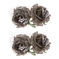Cosy @ Home 4x stuks decoratie bloemen roos zilver glitter op clip 10 cm -