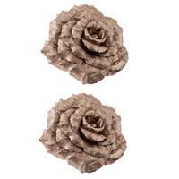 Cosy @ Home 2x stuks decoratie bloemen roos champagne glitter op clip 18 cm -