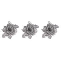 Cosy @ Home 4x stuks decoratie bloemen roos zilver glitter met blad op clip 15 cm -