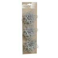 Decoris 3x stuks decoratie bloemen zilver glitter op clip 11 cm -
